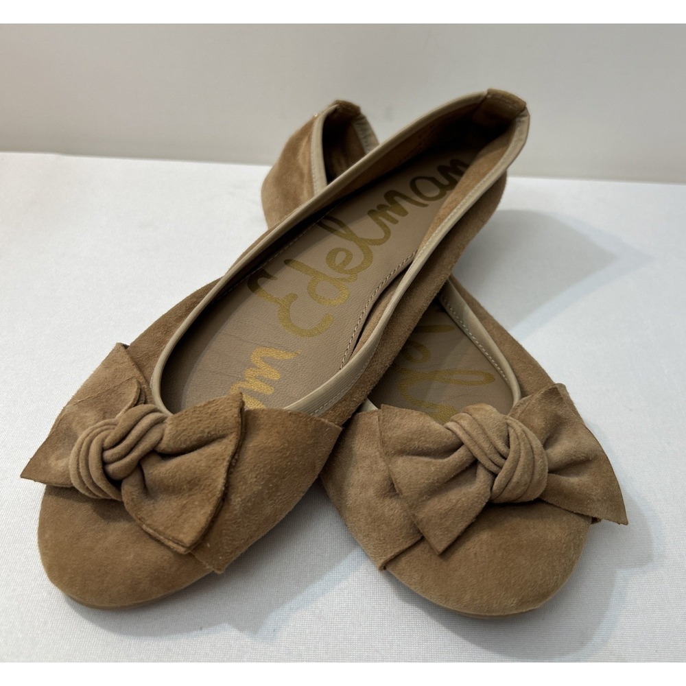 Sam Edelman Tan Ballet Flats Bow Suede Leather Womens 6.5 Emma Balletcore Preppy